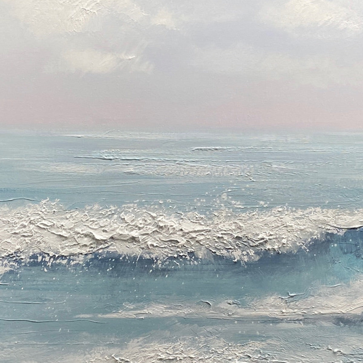 Serene Shore hand-painted ocean blue, ivory and soft neutral tones textured coastal abstract painting shown with silver frame
