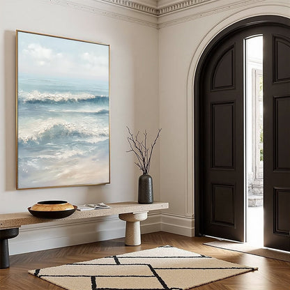 Serene Shore hand-painted ocean blue, ivory and soft neutral tones textured coastal abstract painting shown as stretched canvas