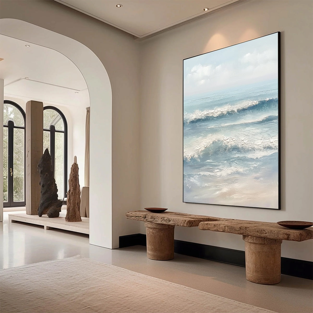 Serene Shore hand-painted ocean blue, ivory and soft neutral tones textured coastal abstract painting rolled canvas option