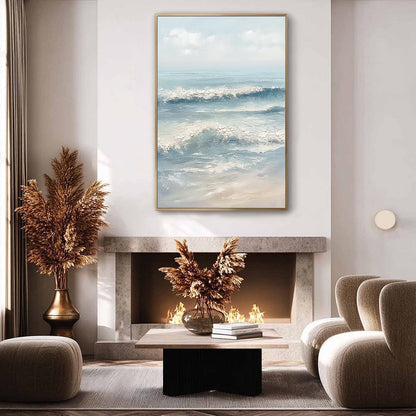 Serene Shore hand-painted ocean blue, ivory and soft neutral tones textured coastal abstract painting shown with black frame