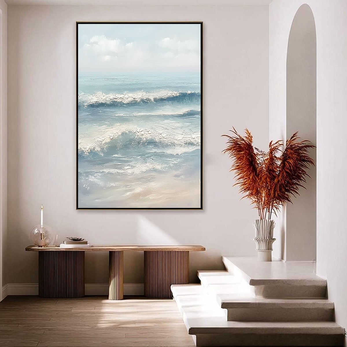 Serene Shore hand-painted ocean blue, ivory and soft neutral tones textured coastal abstract painting shown with white frame