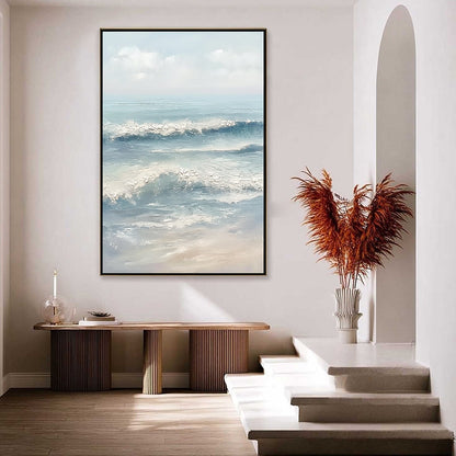 Serene Shore hand-painted ocean blue, ivory and soft neutral tones textured coastal abstract painting shown with white frame