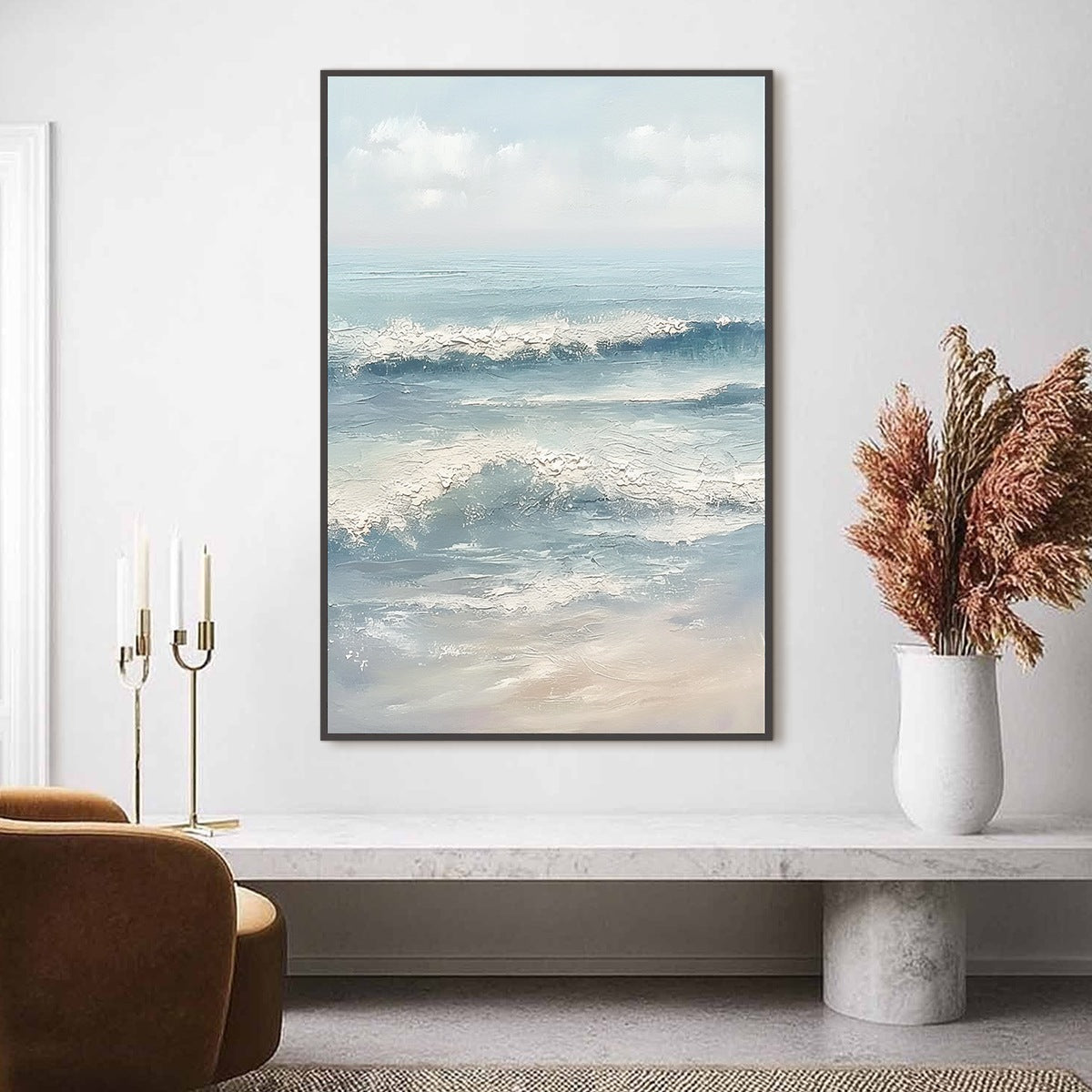 Serene Shore hand-painted ocean blue, ivory and soft neutral tones textured coastal abstract painting shown as stretched canvas