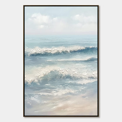 Serene Shore hand-painted ocean blue, ivory and soft neutral tones textured coastal abstract painting rolled canvas option
