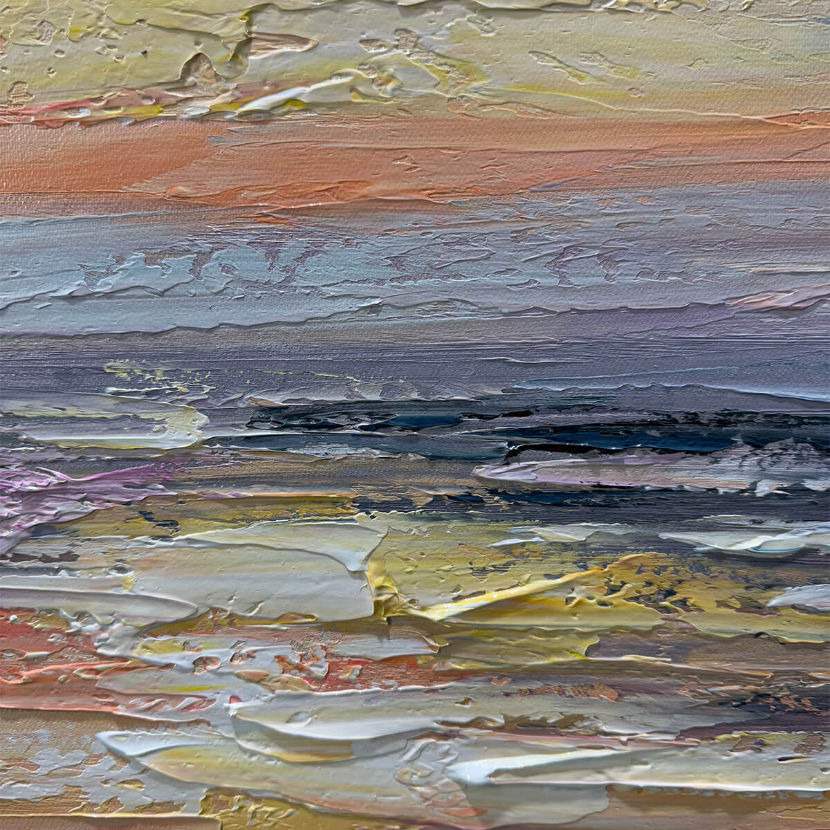 Serene Sunset hand-painted ocean blue, ivory and soft neutral tones textured sunset seascape painting shown with silver frame