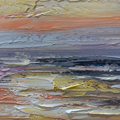 Serene Sunset hand-painted ocean blue, ivory and soft neutral tones textured sunset seascape painting shown with silver frame