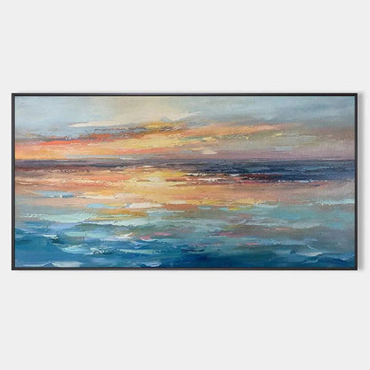 Serene Sunset hand-painted ocean blue, ivory and soft neutral tones textured sunset seascape painting rolled canvas option