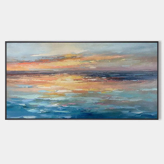 Serene Sunset hand-painted ocean blue, ivory and soft neutral tones textured sunset seascape painting rolled canvas option