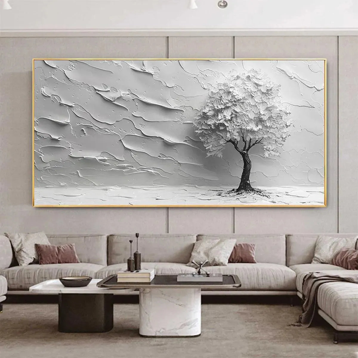 Serene Tree hand-painted white and soft beige textured tree painting shown with silver frame