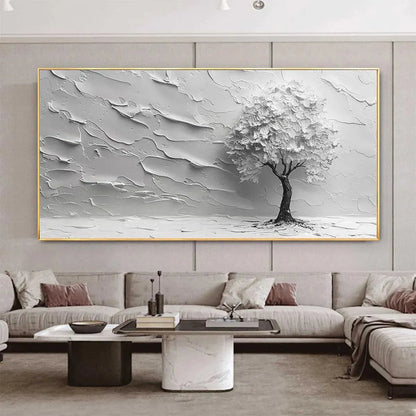 Serene Tree hand-painted white and soft beige textured tree painting shown with silver frame