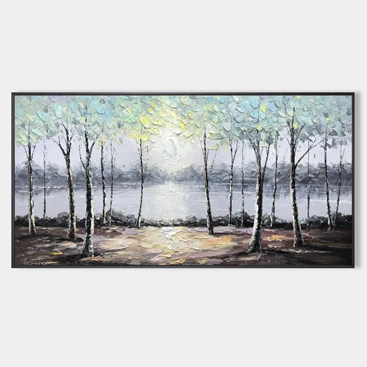 Serene Waters hand-painted ocean blue and green textured forest landscape painting rolled canvas option