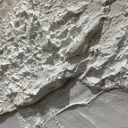 Serenity Tide hand-painted ivory, white, beige and sand textured beach scene painting shown with silver frame