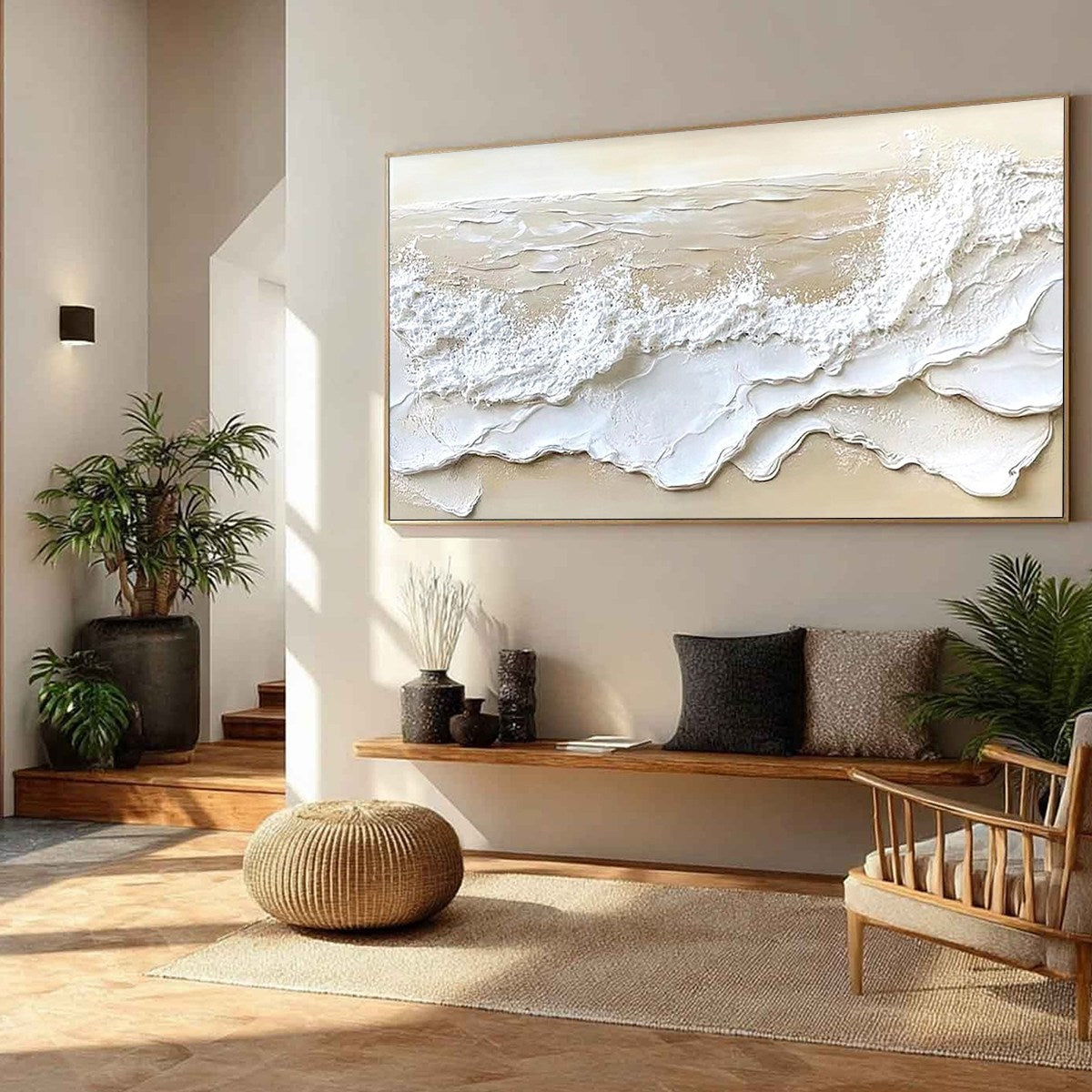 Serenity Tide hand-painted ivory, white, beige and sand textured beach scene painting shown as stretched canvas