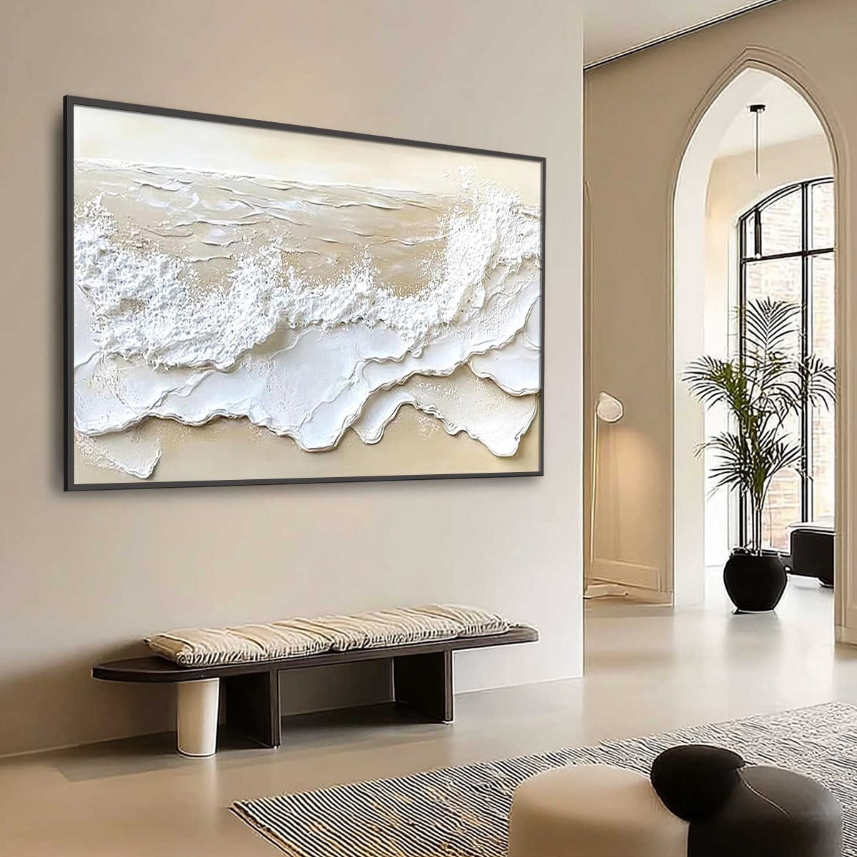 Serenity Tide hand-painted ivory, white, beige and sand textured beach scene painting rolled canvas option