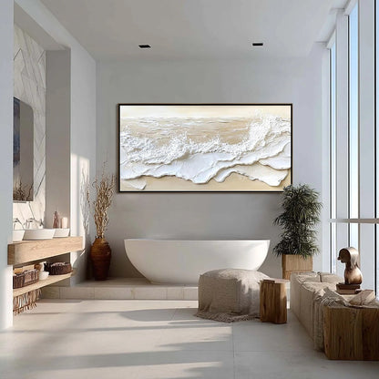 Serenity Tide hand-painted ivory, white, beige and sand textured beach scene painting shown with black frame