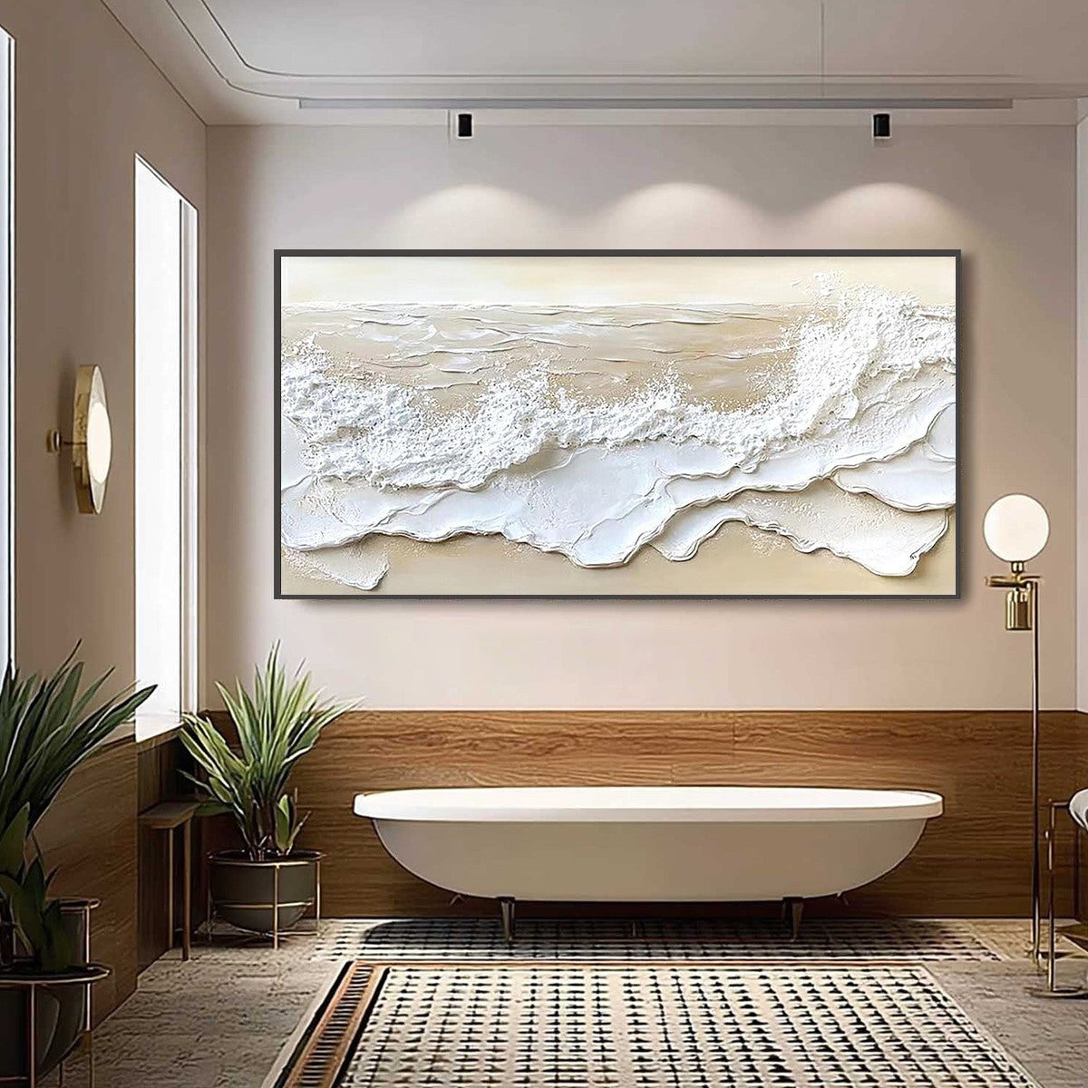 Serenity Tide hand-painted ivory, white, beige and sand textured beach scene painting shown as stretched canvas