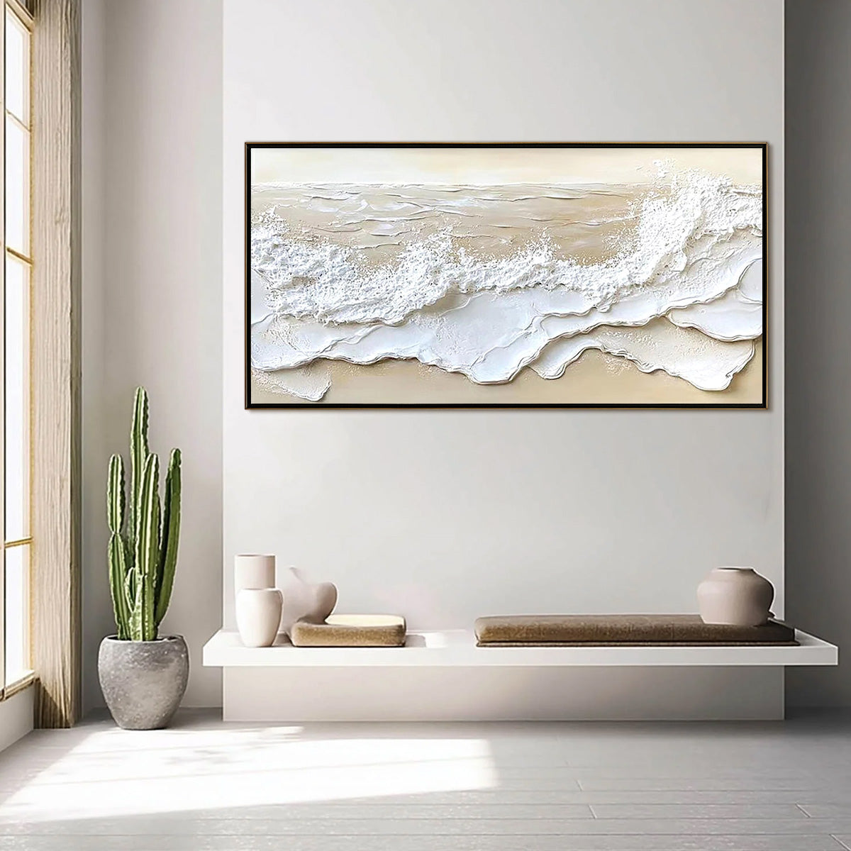 Serenity Tide hand-painted ivory, white, beige and sand textured beach scene painting shown with white frame