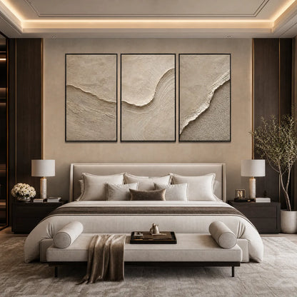 Shoreline Echo hand-painted beige and sand textured ocean wave painting shown as stretched canvas