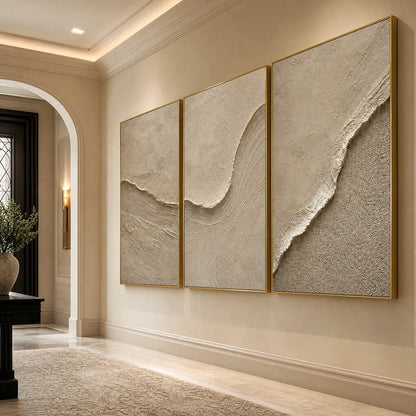 Shoreline Echo hand-painted beige and sand textured ocean wave painting shown with silver frame