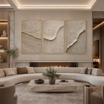 Shoreline Echo hand-painted beige and sand textured ocean wave painting shown with white frame