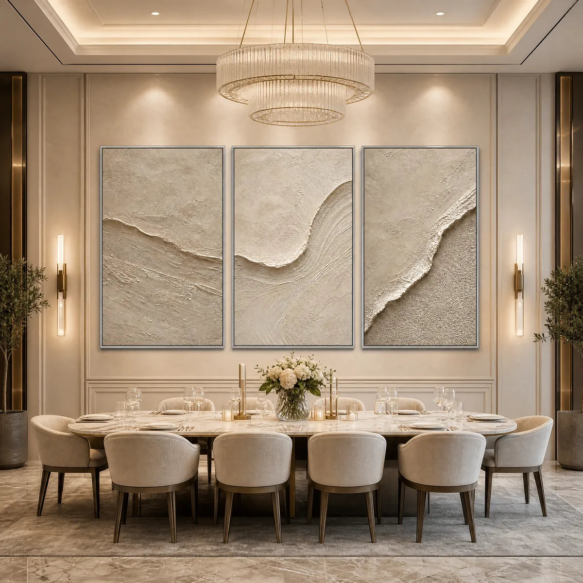 Shoreline Echo hand-painted beige and sand textured ocean wave painting shown with black frame
