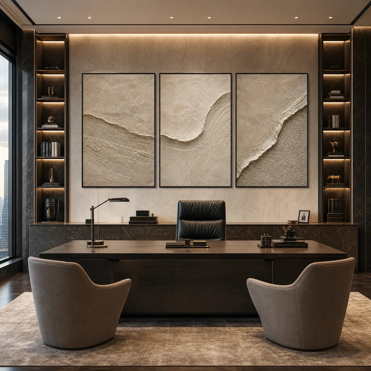 Shoreline Echo hand-painted beige and sand textured ocean wave painting shown with wood frame