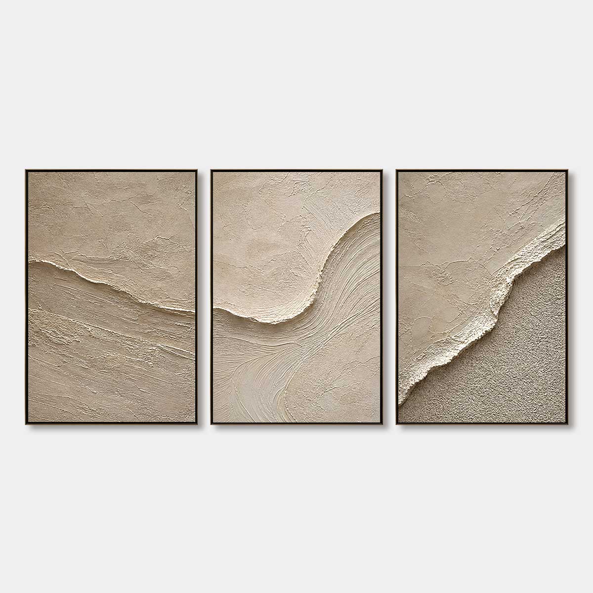 Shoreline Echo hand-painted beige and sand textured ocean wave painting rolled canvas option