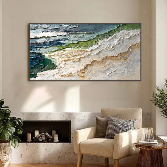 Shoreline Echoes hand-painted sand and ivory textured ocean wave painting shown as stretched canvas
