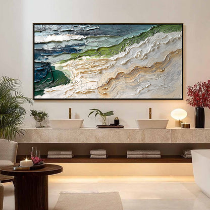 Shoreline Echoes hand-painted sand and ivory textured ocean wave painting shown with silver frame