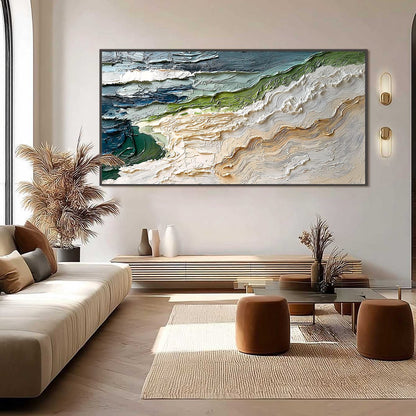 Shoreline Echoes hand-painted sand and ivory textured ocean wave painting shown with black frame