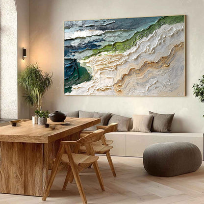 Shoreline Echoes hand-painted sand and ivory textured ocean wave painting shown with wood frame