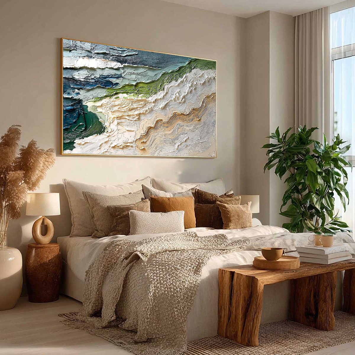 Shoreline Echoes hand-painted sand and ivory textured ocean wave painting rolled canvas option