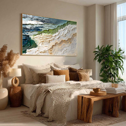Shoreline Echoes hand-painted sand and ivory textured ocean wave painting rolled canvas option