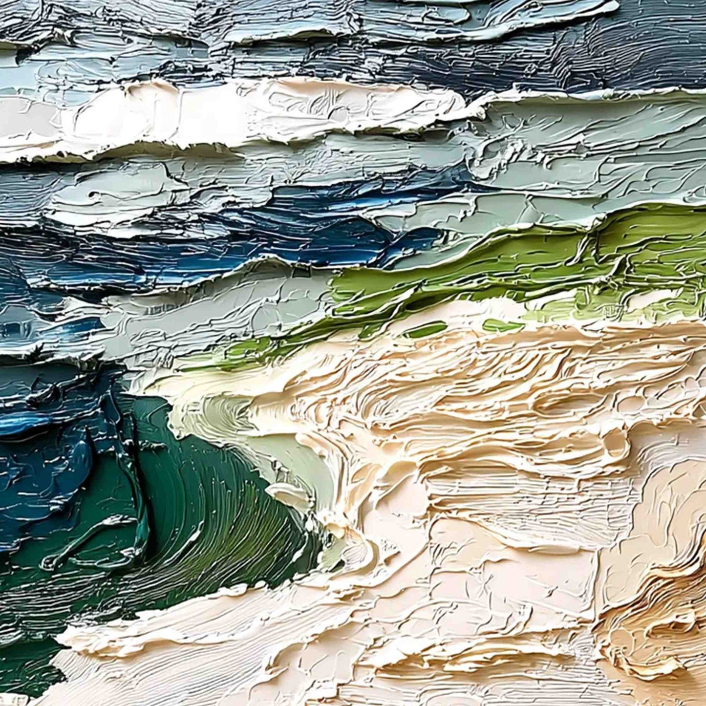 Shoreline Echoes hand-painted sand and ivory textured ocean wave painting shown with gold frame