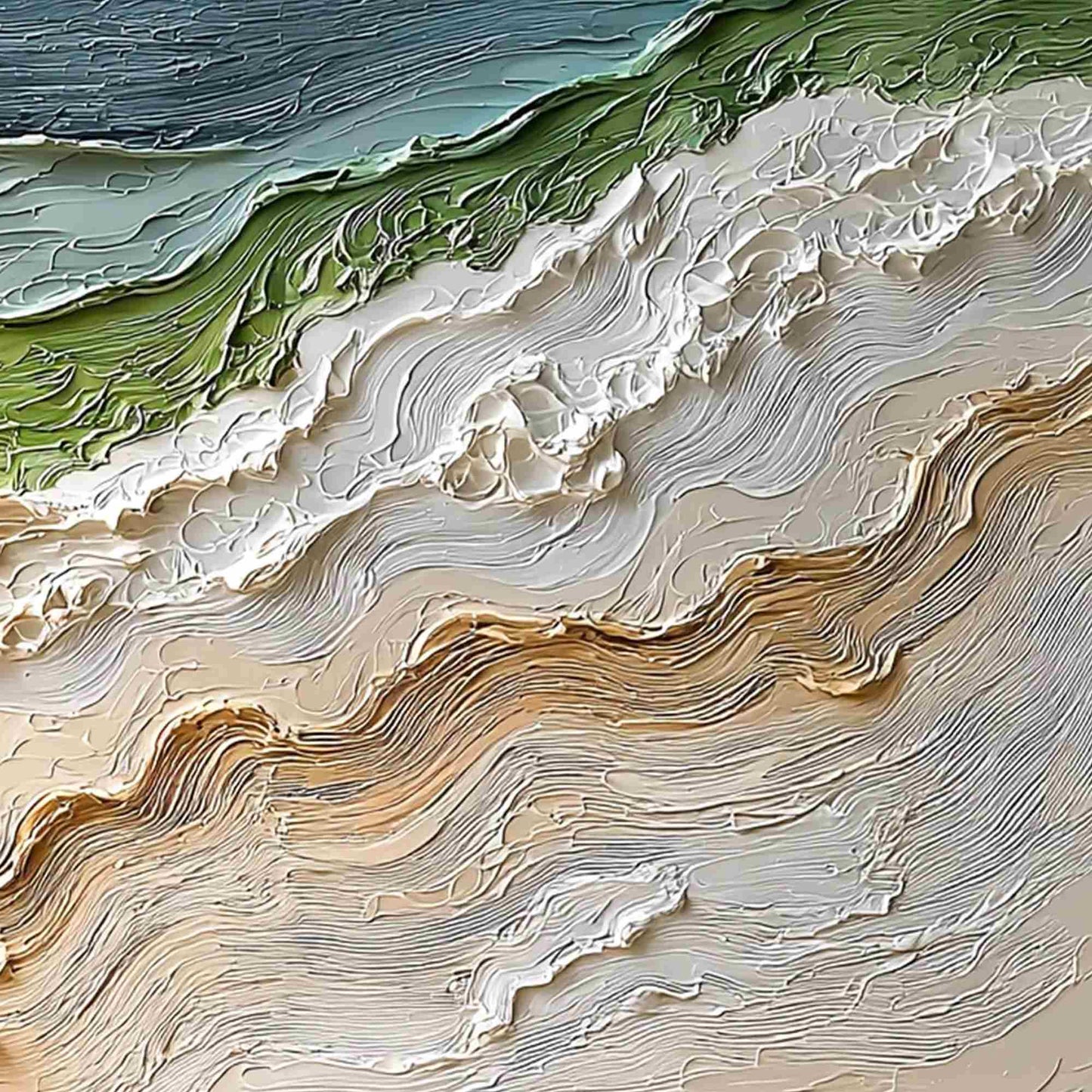 Shoreline Echoes hand-painted sand and ivory textured ocean wave painting shown with white frame