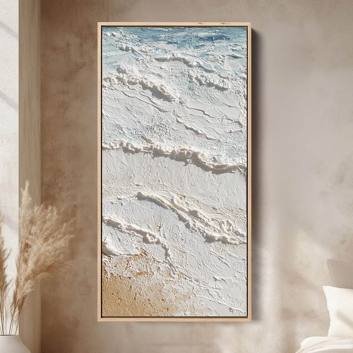 Shoreline Whispers hand-painted white, beige, sand and ocean blue textured beach scene painting shown as stretched canvas