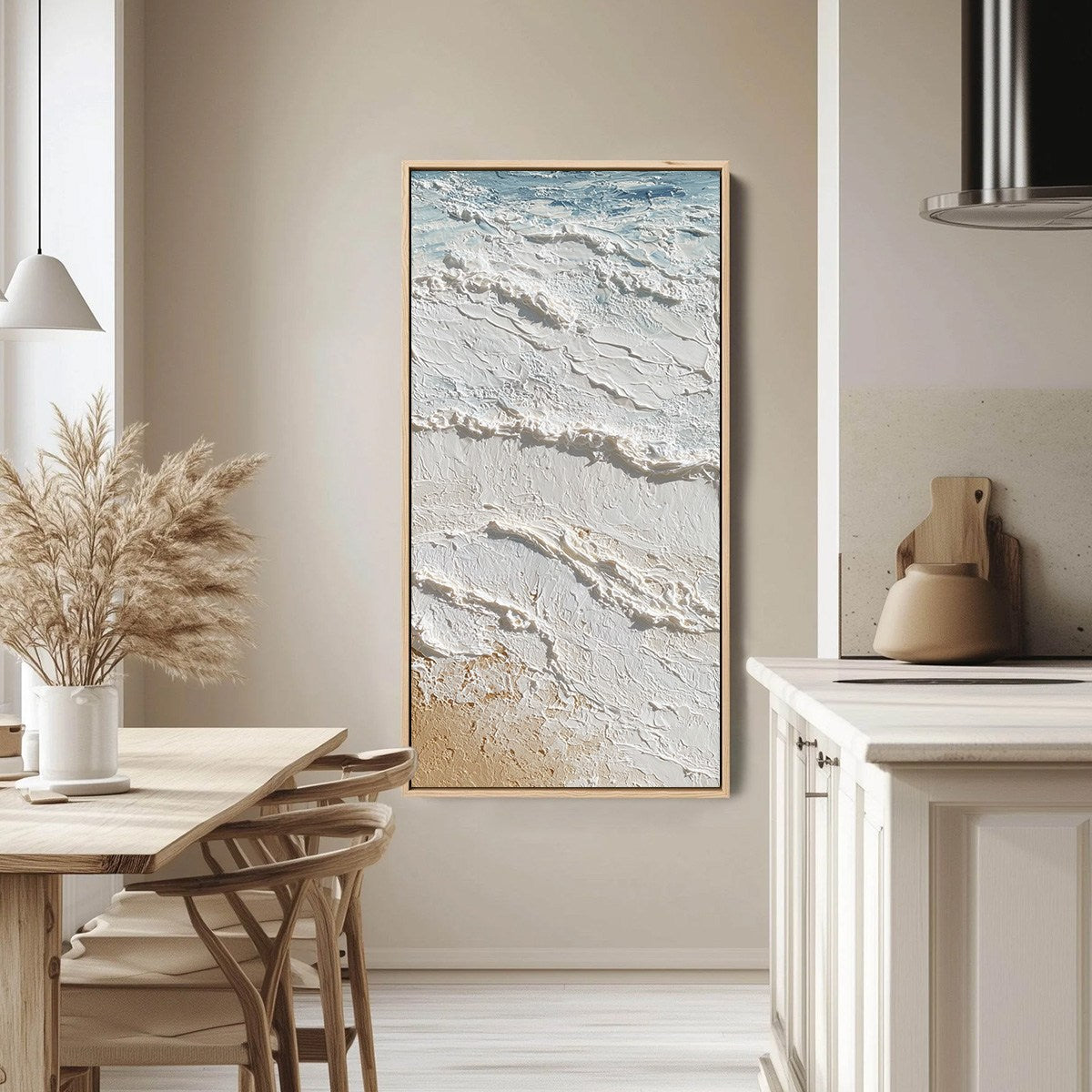 Shoreline Whispers hand-painted white, beige, sand and ocean blue textured beach scene painting shown with silver frame