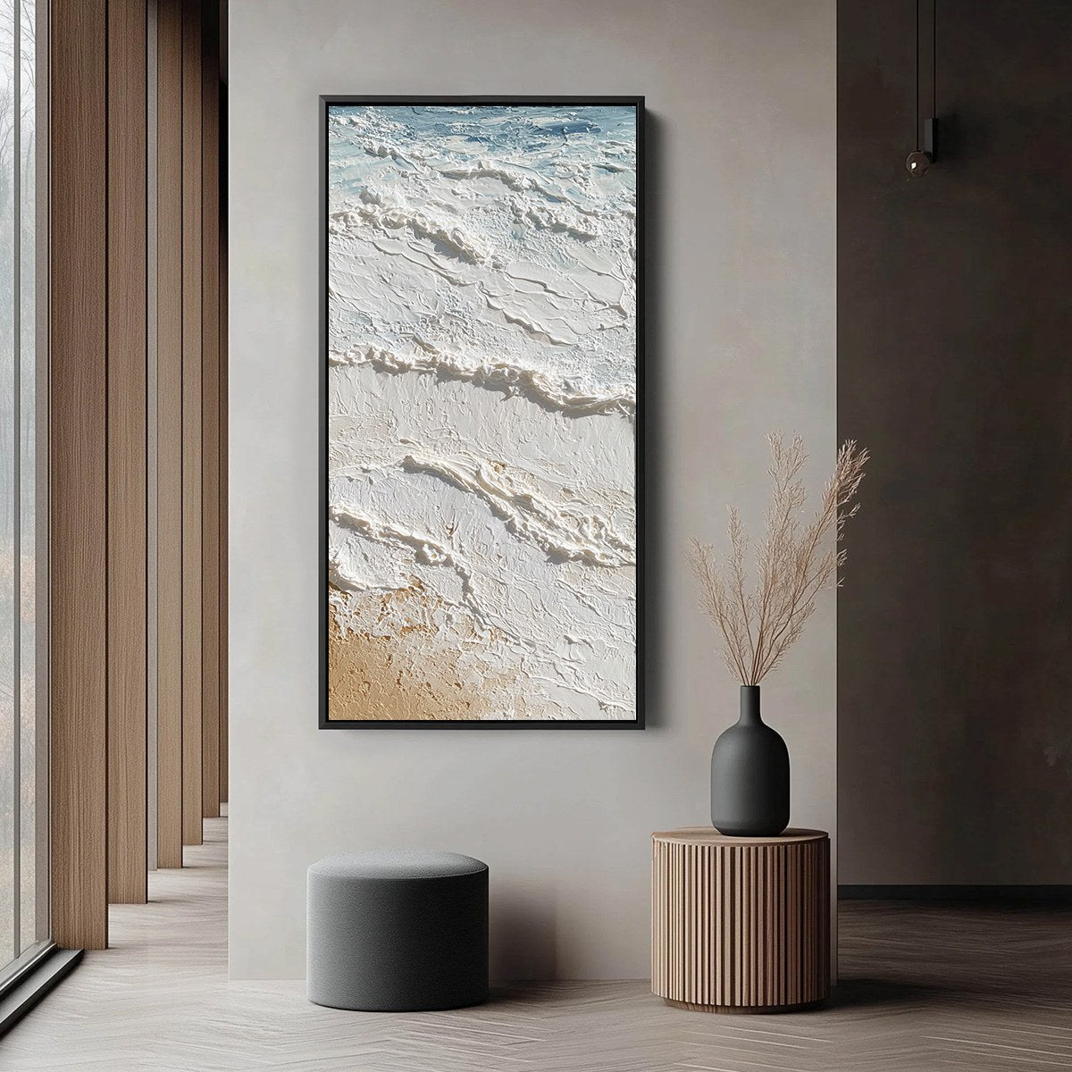 Shoreline Whispers hand-painted white, beige, sand and ocean blue textured beach scene painting shown with black frame