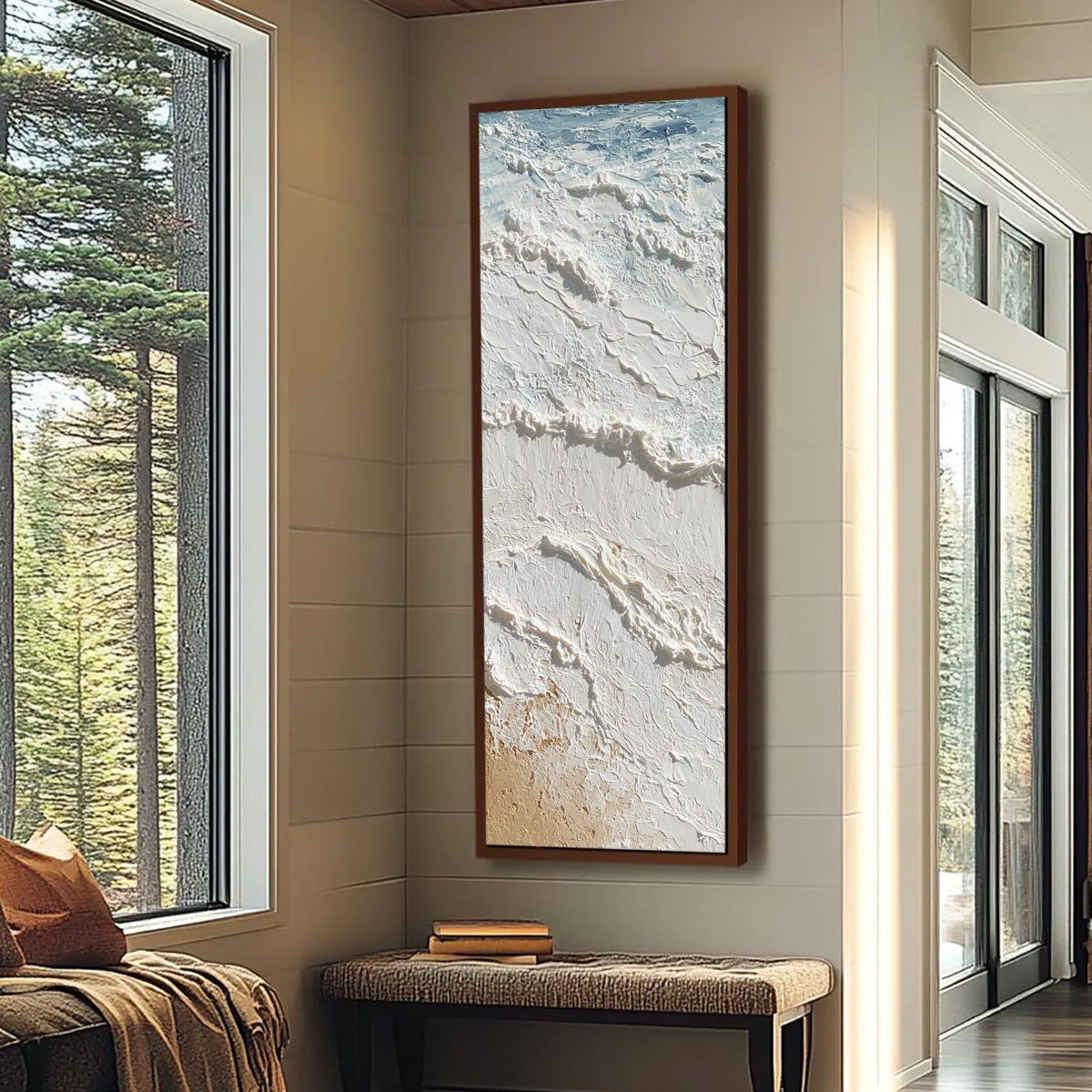 Shoreline Whispers hand-painted white, beige, sand and ocean blue textured beach scene painting shown with wood frame