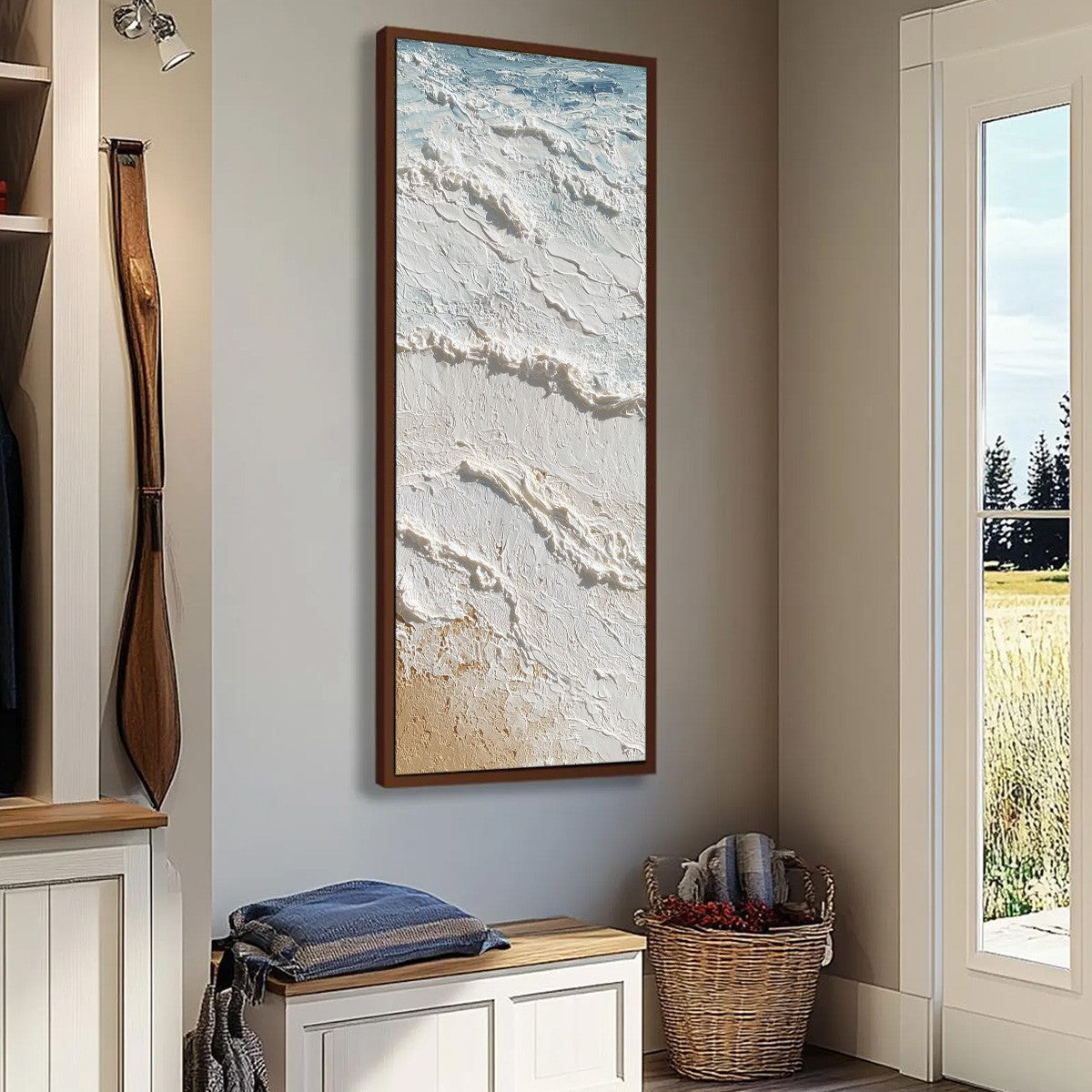 Shoreline Whispers hand-painted white, beige, sand and ocean blue textured beach scene painting rolled canvas option