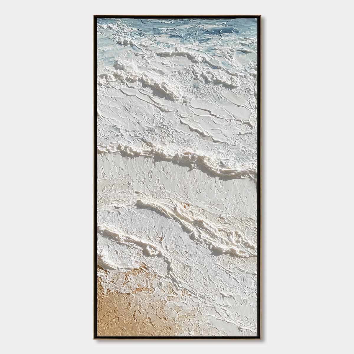Shoreline Whispers hand-painted white, beige, sand and ocean blue textured beach scene painting rolled canvas option