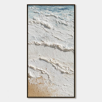 Shoreline Whispers hand-painted white, beige, sand and ocean blue textured beach scene painting rolled canvas option