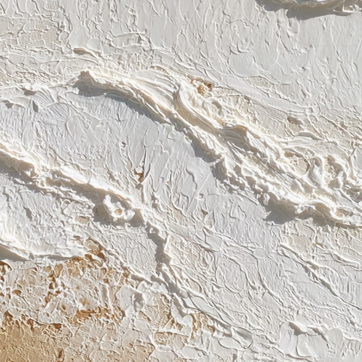 Shoreline Whispers hand-painted white, beige, sand and ocean blue textured beach scene painting shown with gold frame