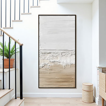 Shoreline Echo hand-painted white, beige and sand textured coastal abstract painting shown with gold frame