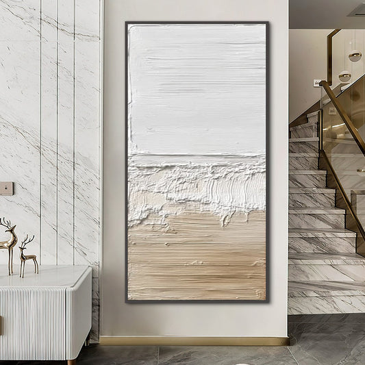 Shoreline Echo hand-painted white, beige and sand textured coastal abstract painting shown as stretched canvas