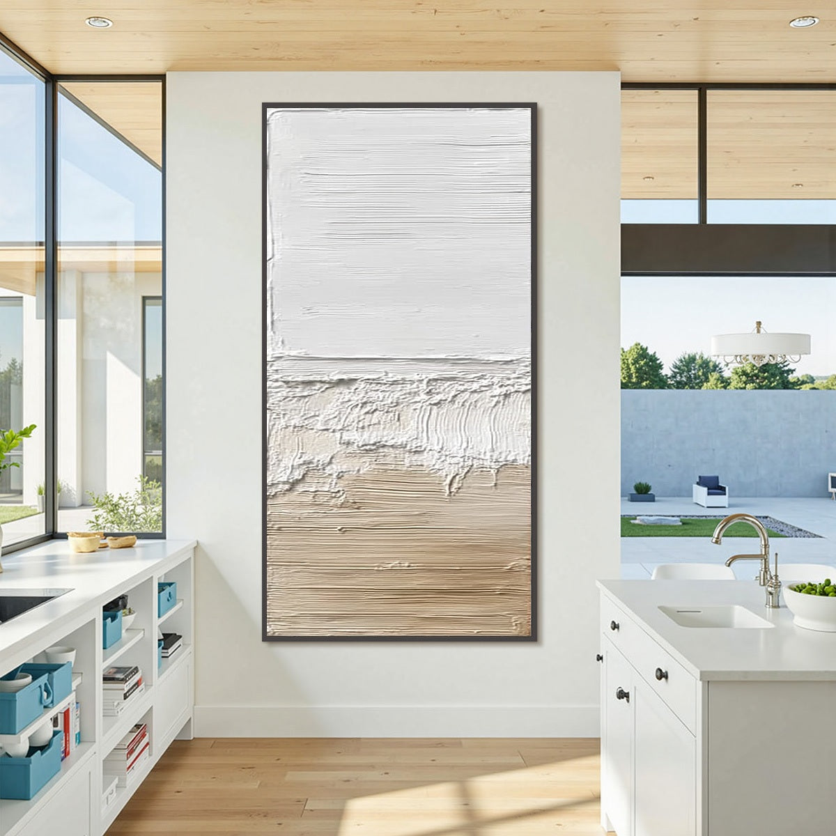 Shoreline Echo hand-painted white, beige and sand textured coastal abstract painting shown with silver frame