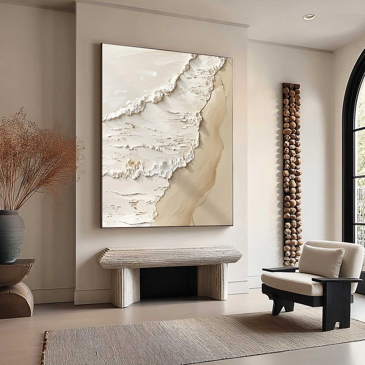 Shoreline Whispers hand-painted sand and ivory textured beach scene painting shown with gold frame