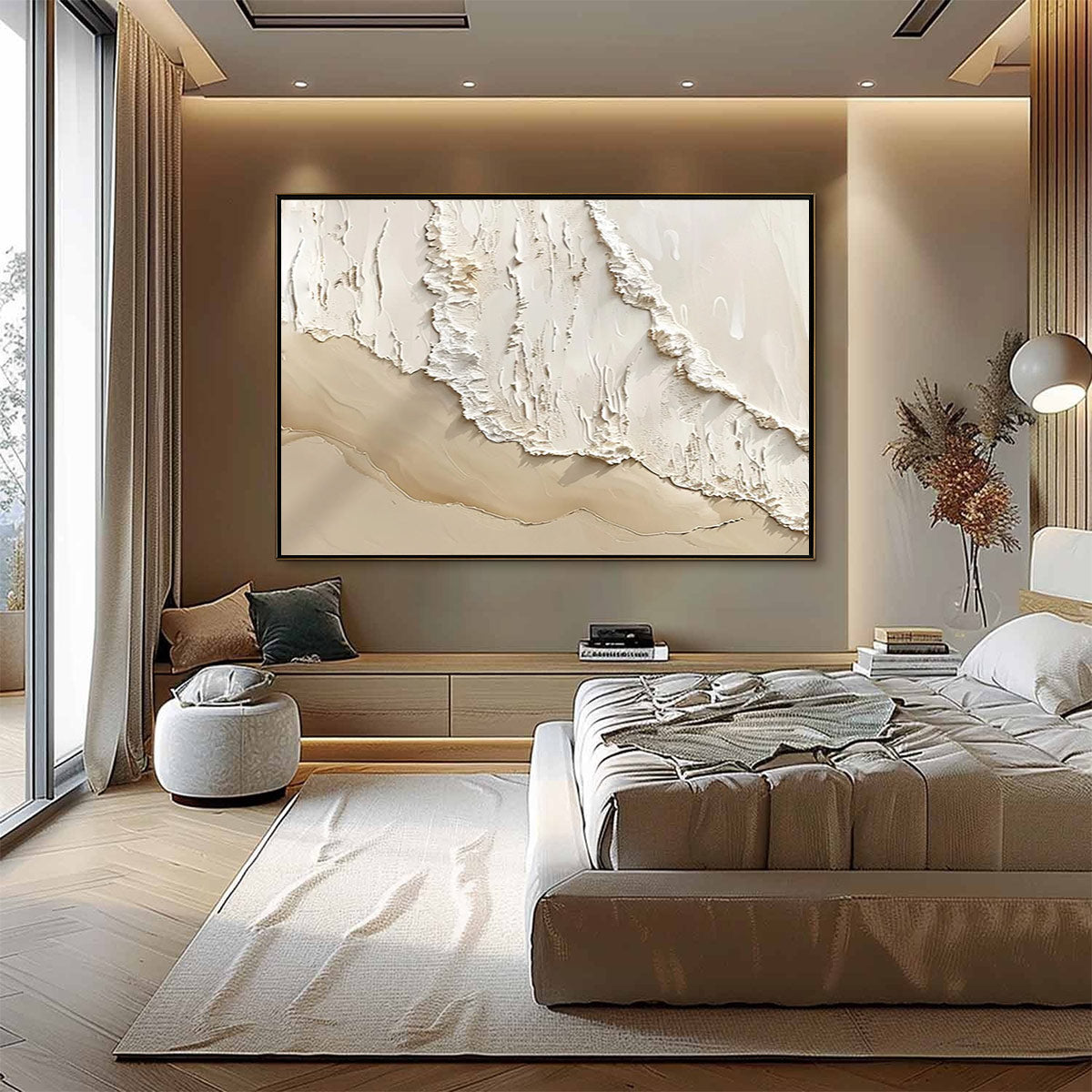 Shoreline Whispers hand-painted sand and ivory textured beach scene painting shown with wood frame