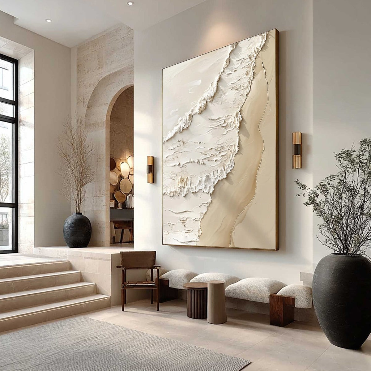 Shoreline Whispers hand-painted sand and ivory textured beach scene painting shown with white frame