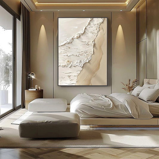 Shoreline Whispers hand-painted sand and ivory textured beach scene painting shown as stretched canvas